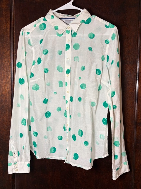 jcpenney Tops - Cotton Silk Blend Women’s Shirt Large Polka Dot Button Up White Green JCP